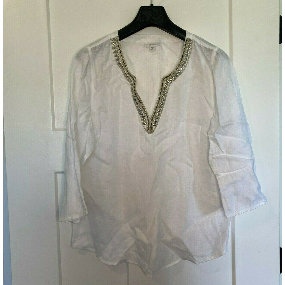 J.Jill Linen Blouse White Silver Embellish Love Linen M Petite 3/4 sleeve